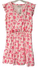 VINEYARD VINES Pink/White Palm Tree Print Tassel Tie Smocked Waist Dress