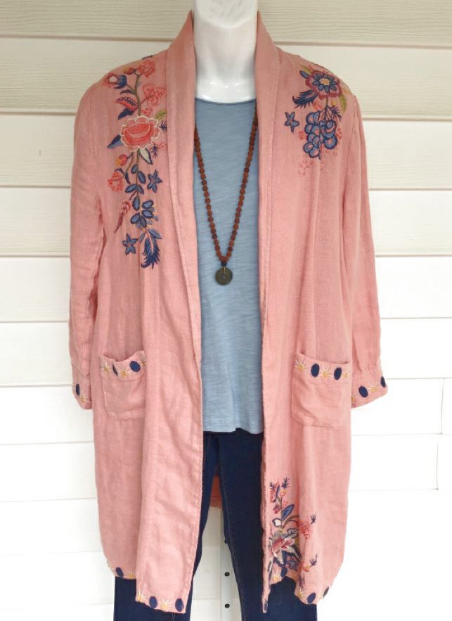 JOHNNY WAS Peach w/ Blue Embroidered Flowers Linen Open Front Duster