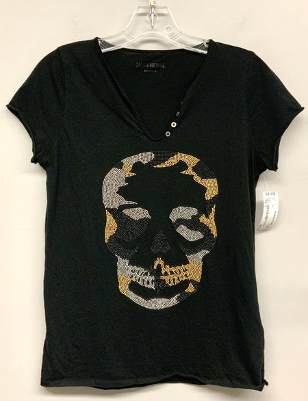 ZADIG & VOLTAIRE Black Rhinestone Skull S/S Top