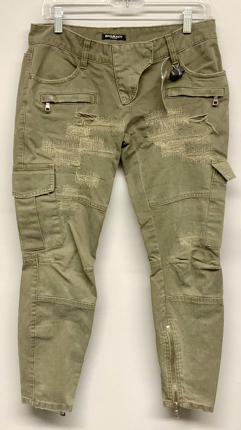 Balmain Olive Green Distressed Cargo Ankle Zip Pants