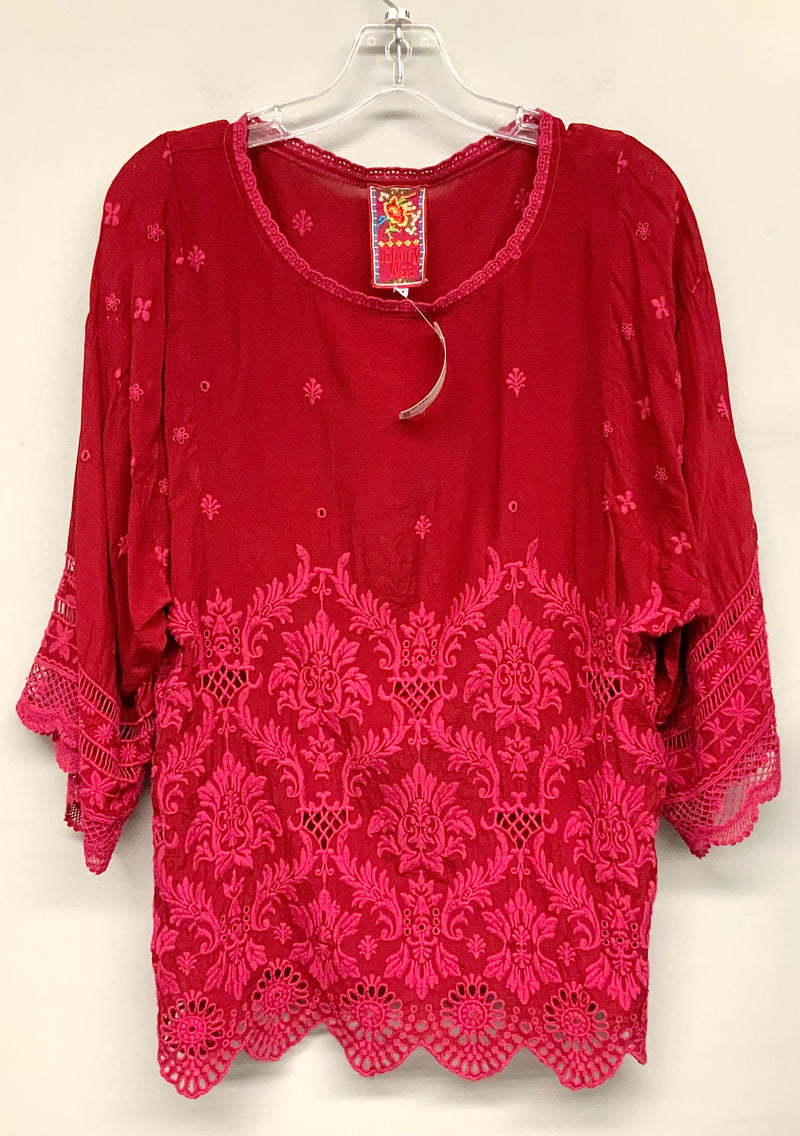 JOHNNY WAS Berry Fuchsia Embroidered Rayon Floral Eyelet Hem Tunic Top