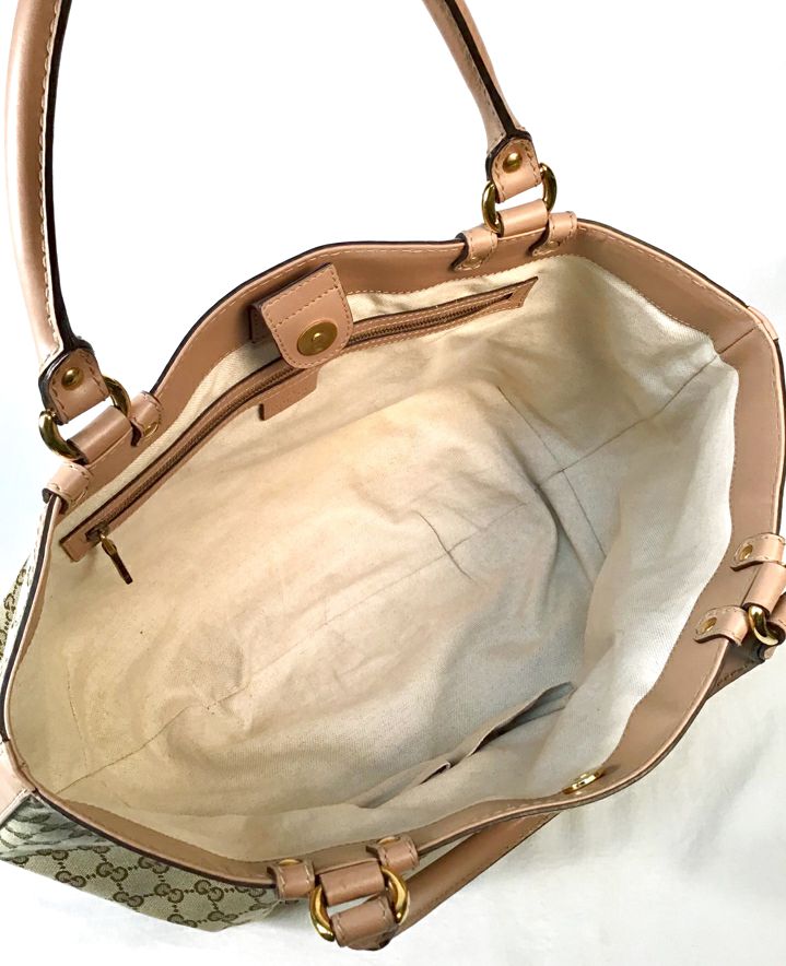 GUCCI Tan Leather Beige GG Canvas Gold Studded Large Scarlett Shoulder Bag