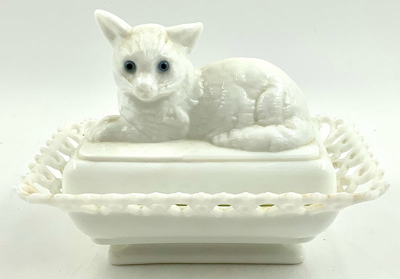 Vintage Westmoreland Milk Glass Covered Dish with Cat