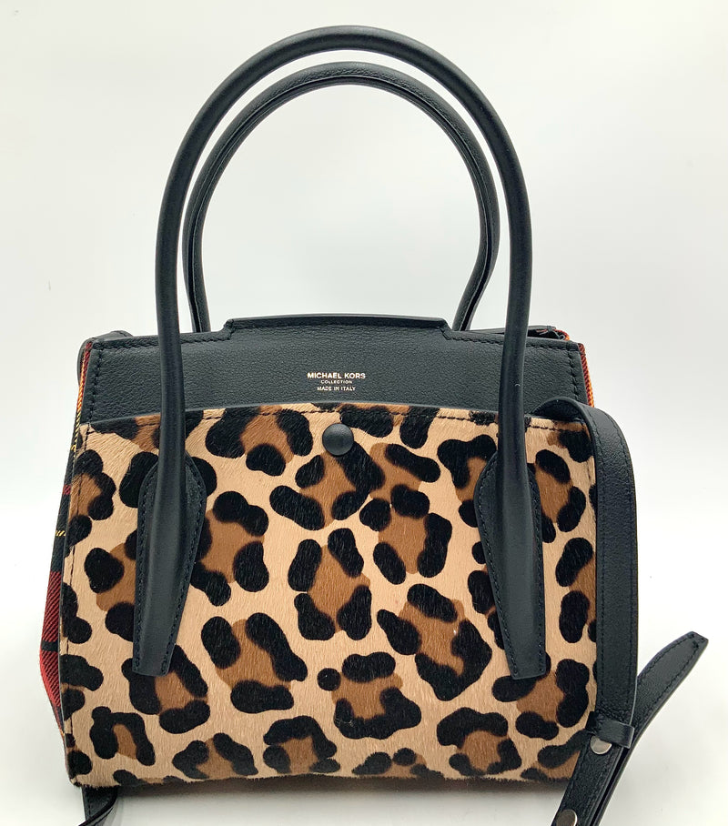 MICHAEL KORS Collection Black Leather Leopard Calf Hair Plaid Satchel