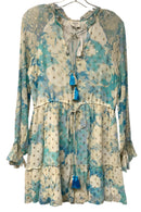 HEMANT & NANDITA Ivory Aqua Floral Gold Metallic L/S Tie Tassel Dress