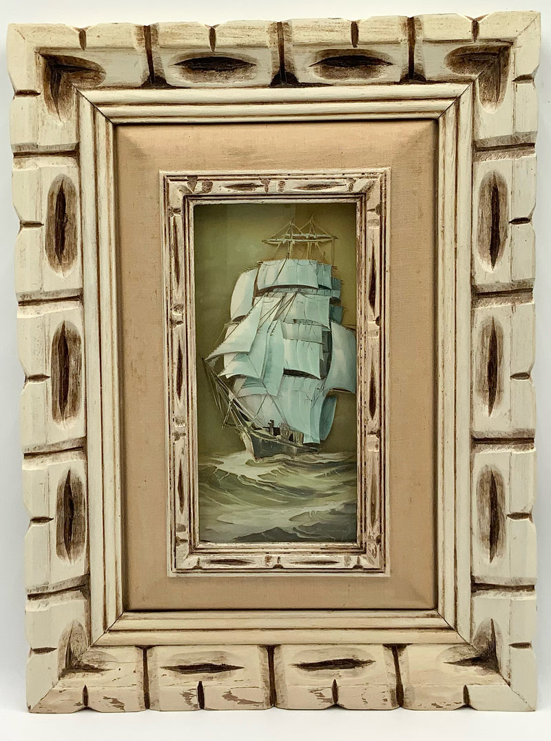 Vintage 3D Shadowbox Art of Sailboat in Wood Frame