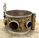 Moroccan Sterling, Enamel & Glass Hinged Bracelet