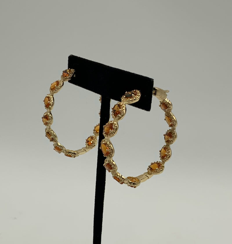 Gold Over Sterling, Madeira Citrine & Yellow Diamond Hoop Earrings