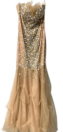 TERANI COUTURE Nude Tulle Embellished Bodice Rosette Gown