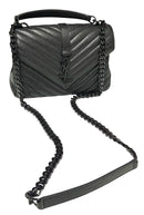 YSL Black Quilted Leather College Logo Flap Top Handle Chain Strap Bag