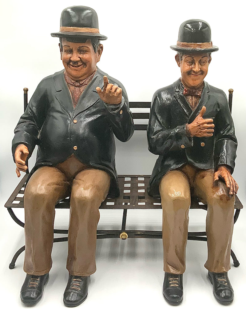 Vintage Statues of Laurel & Hardy on Metal Bench