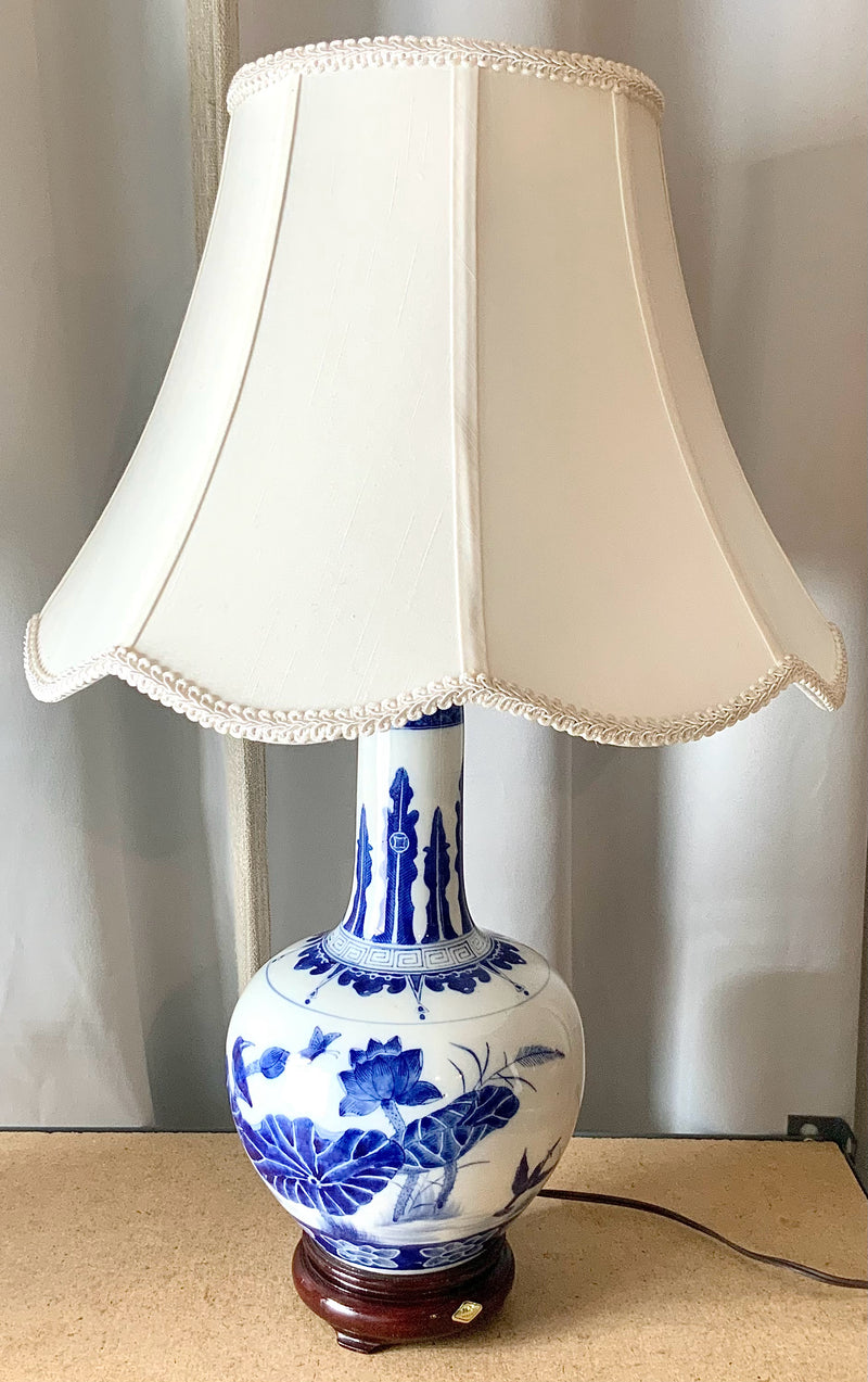 Vintage Blue & White Ceramic Gourd Lamp