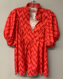 UMGEE Pink/Red Chevron Stripe Ruffle Neck Puff Sleeve Top