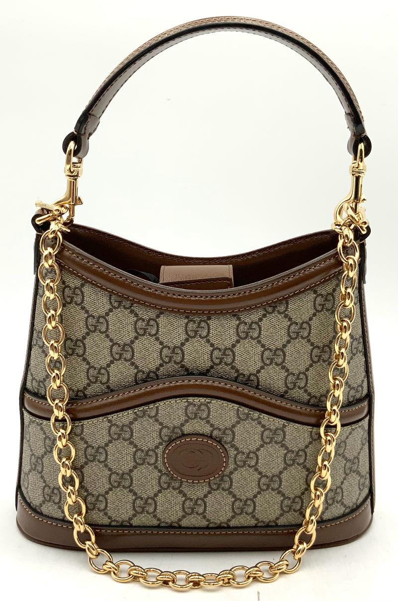 GUCCI GG Ophedia Brown Leather Trim Two Strap Bucket Bag