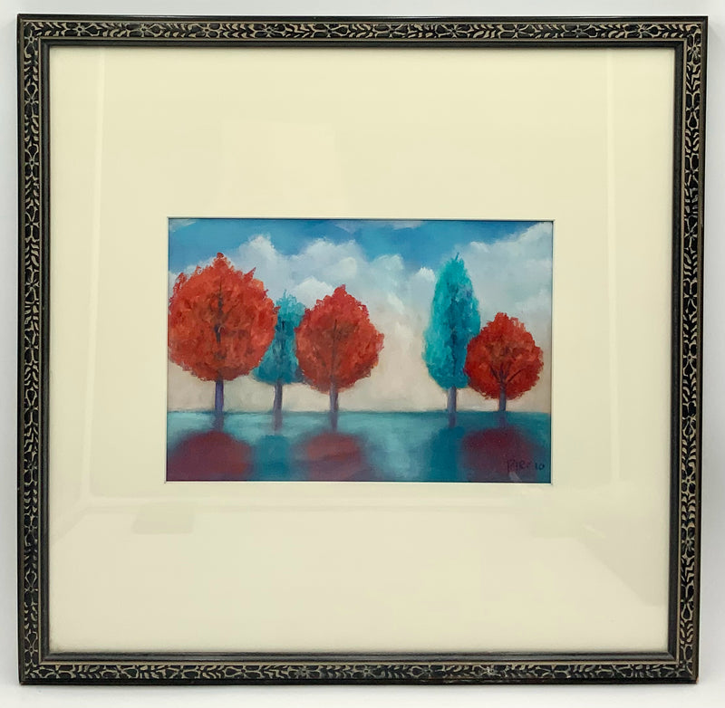Signed Pastel of Blue & Red Trees in Graphite Frame