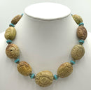 Gold Plated Metal, Carved Turquoise & Glass Beaded Necklace