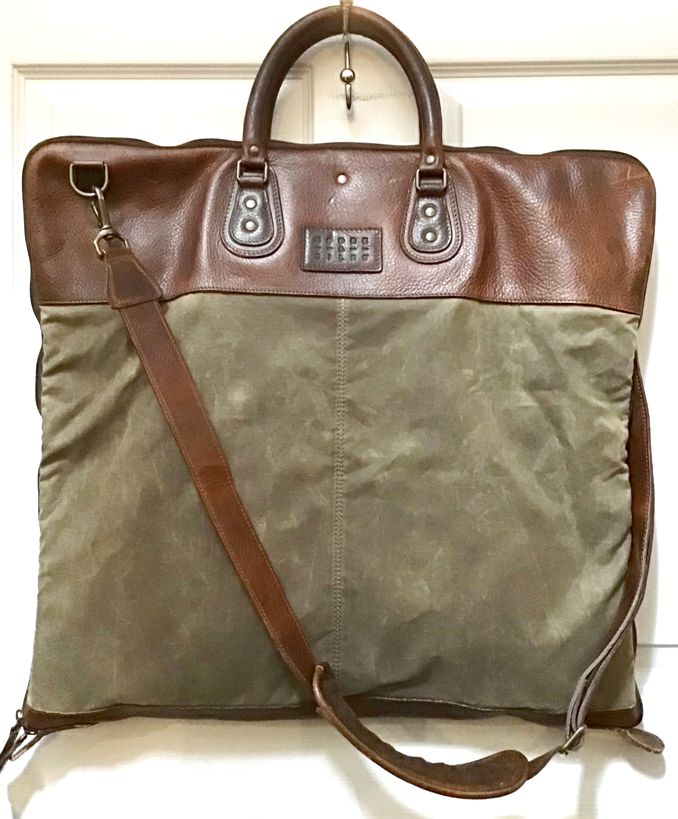 MOORE & GILES Brown Leather Olive Canvas Gravely Garment Bag