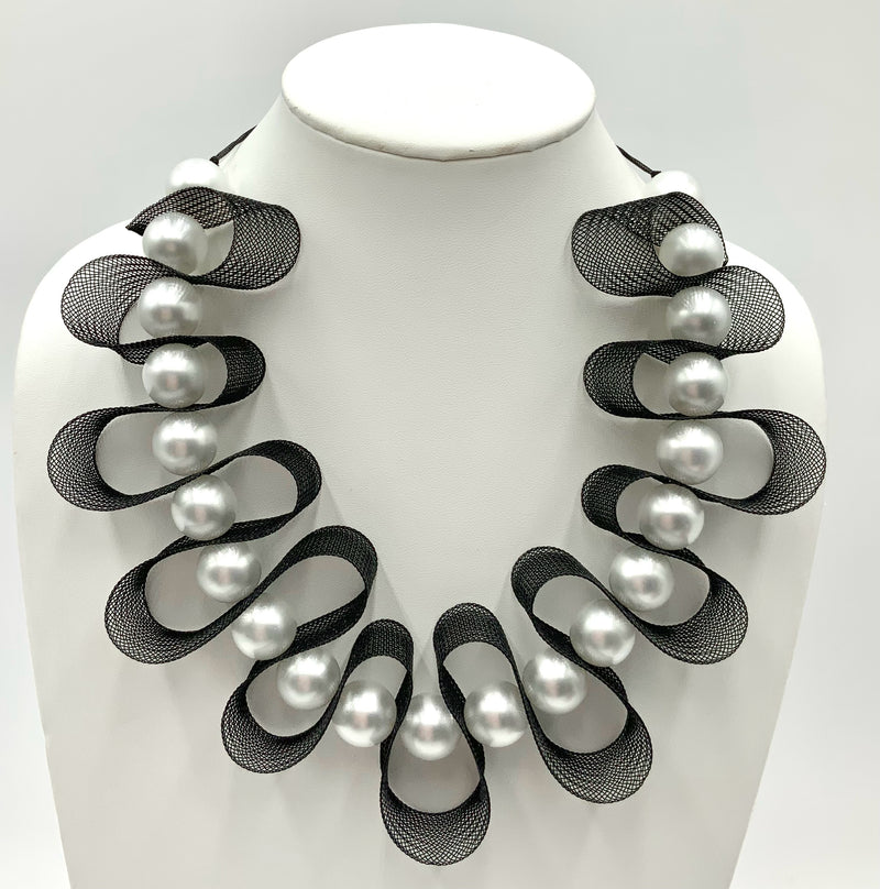 JANETE ZAMBONI Pearl & Black Mesh Necklace