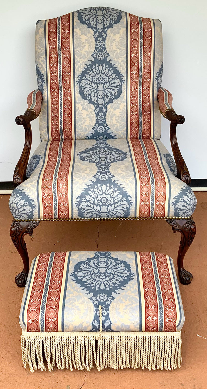 Upholstered Martha Washington Armchair with Footstool