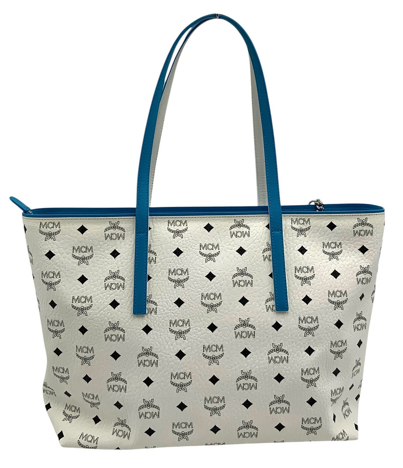 MCM White Black Coated Canvas Visetos Blue Trim Anya Tote