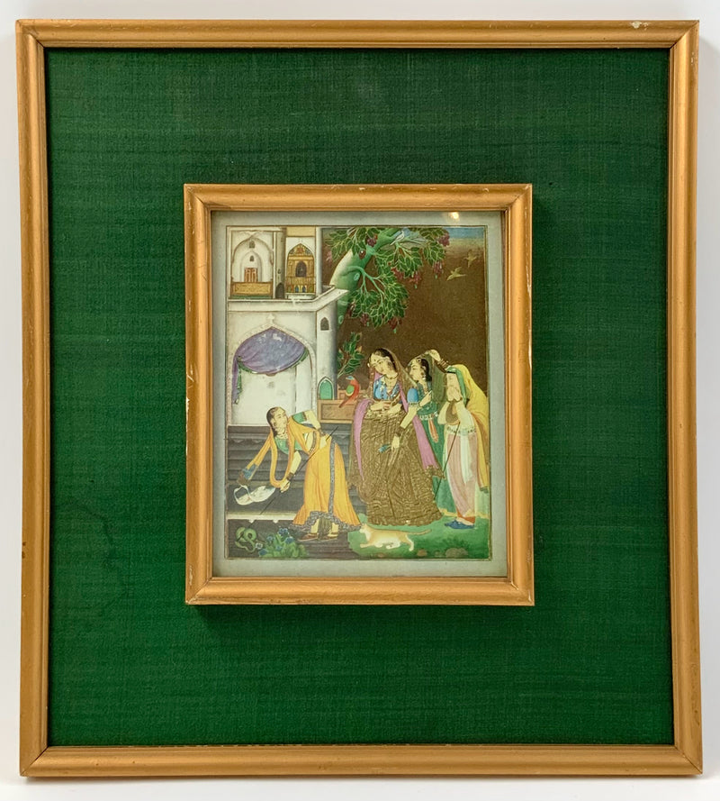 Small Indian Print in Green & Gold Silk Frame