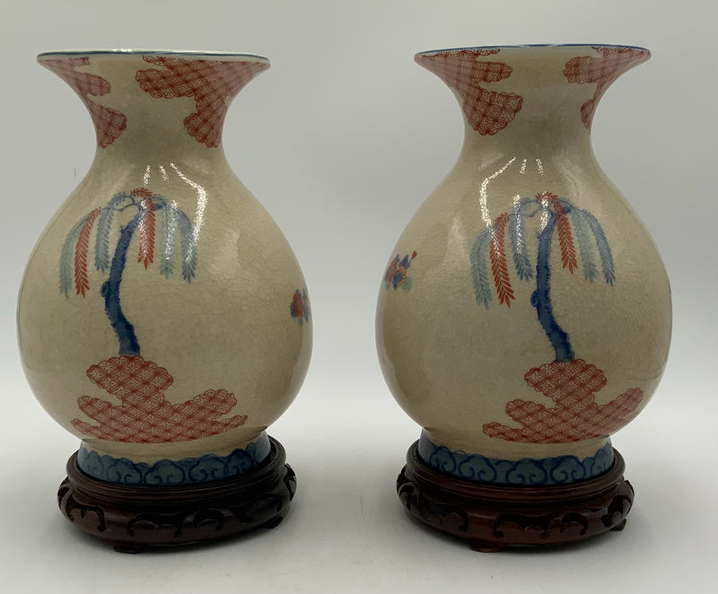 Pair of Vintage Andrea by Sadek Japanese Peacock Vases with Stands