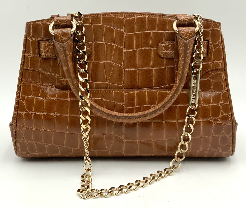 ST JOHN Brown Croc Embossed Leather Chain Strap Satchel