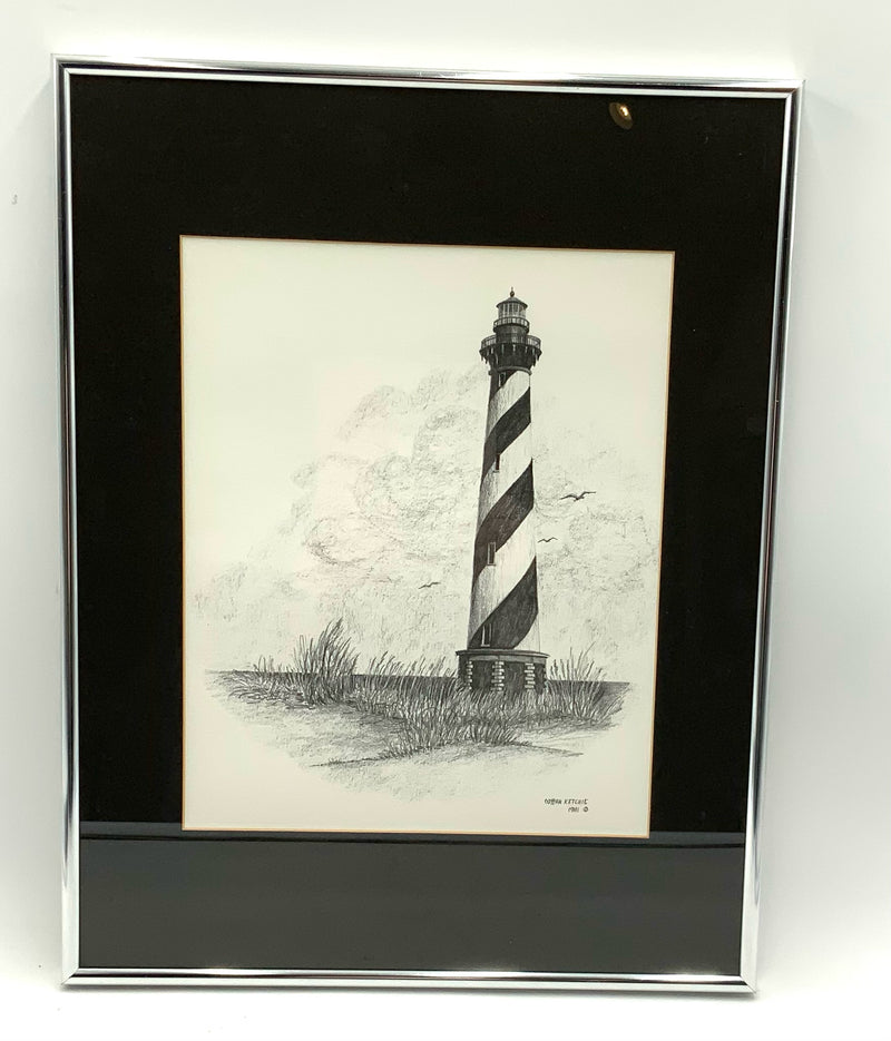 Original Pencil Sketch of Lighthouse in Silver Frame
