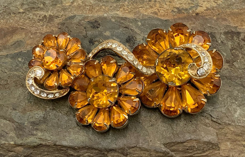 EISENBERG Yellow Flower & Clear Rhinestone Ribbon Brooch