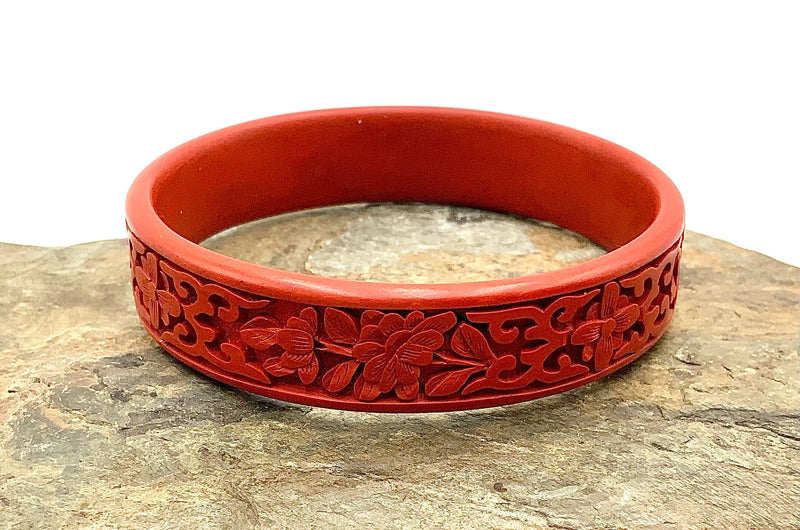 Carved Cinnabar Bangle Bracelet