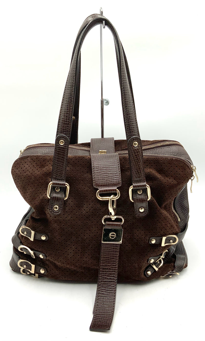 JIMMY CHOO Brown Leather Perforated Suede Double Zipper Satchel