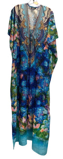 SHAHIDA PARIDES Royal Blue/Pink/Multi Embell Floral Viscose Silk Maxi Kaftan