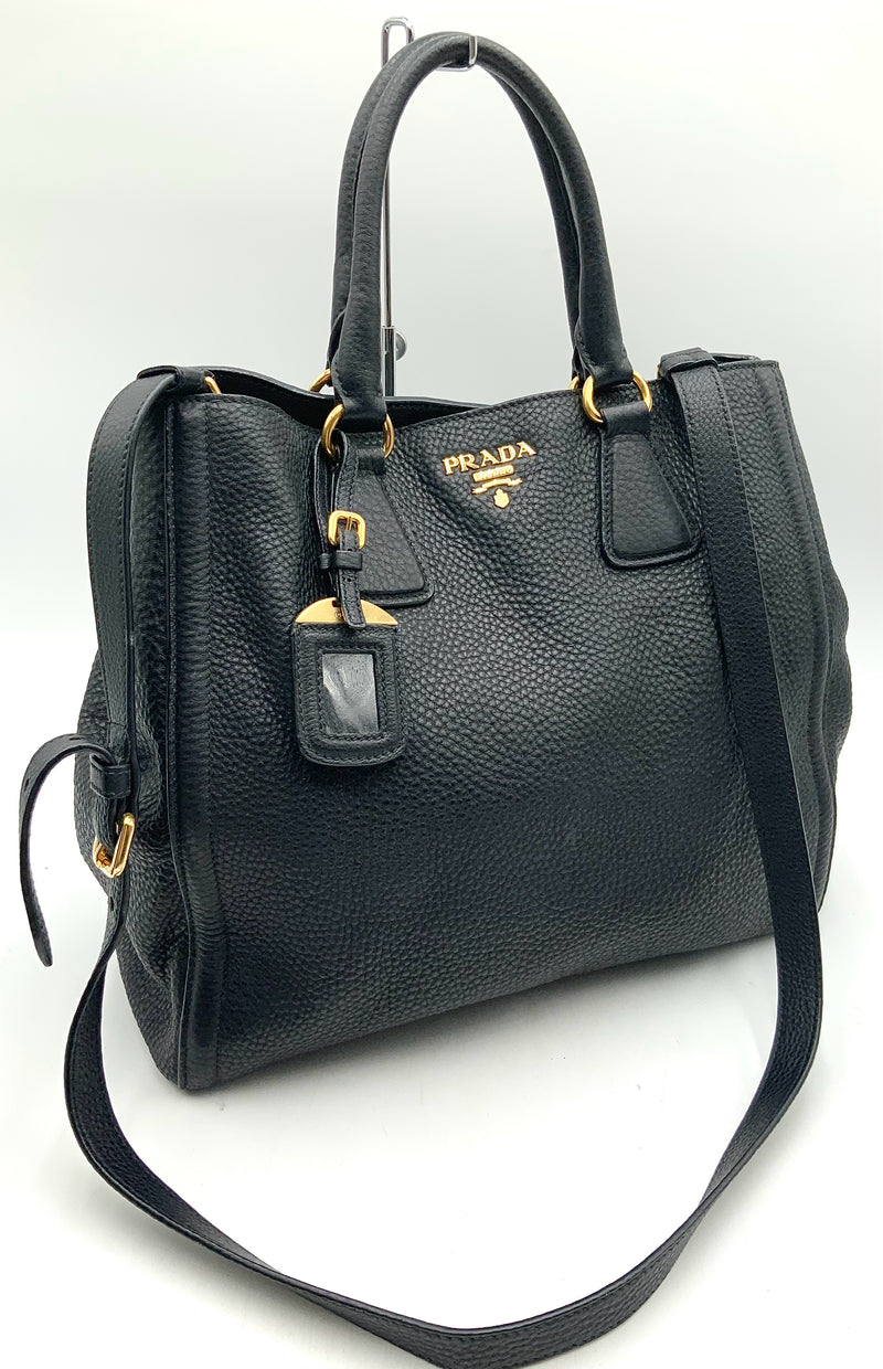 PRADA Black Grained Leather Daino Vitello Satchel