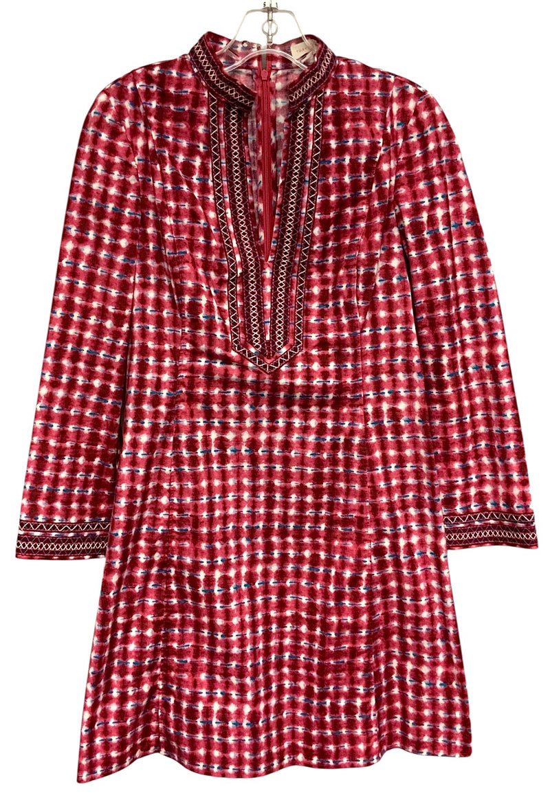 TORY BURCH Berry/Blue/White Print Embroid V-Neck L/S Dress