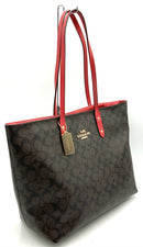 COACH Brown Signature Print Red Leather Town Tote Bag