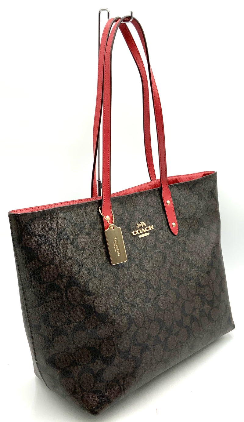COACH Brown Signature Print Red Leather Town Tote Bag