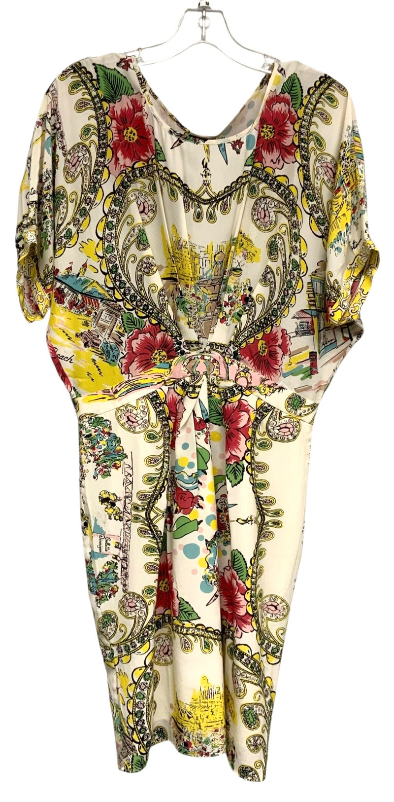 COLLETTE DINNIGAN Ivory/Pink/Yellow "Paris Scenes" Silk S/S Dress