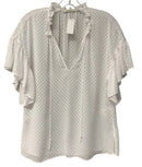 ALICE + OLIVIA White Ruffle Trim Flutter Sleeve Tie Neck Top