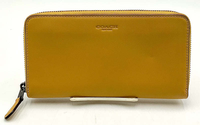 COACH Mustard Glovetanned Leather Wine Interior Zip Around Wallet