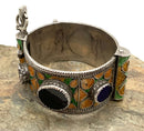Moroccan Sterling, Enamel & Glass Hinged Bracelet