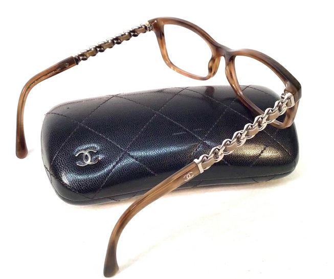 CHANEL Tan/Brown Marbled Tortoise Silvertone Chain Detail Eyeglass Frames Only