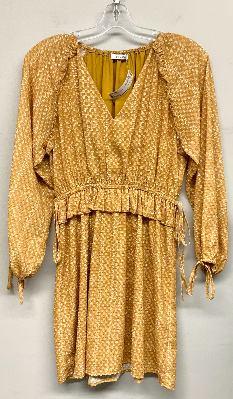 BTFL-LIFE Gold Textured V-Neck Ruffle Tie Waist/Sleeve Dress