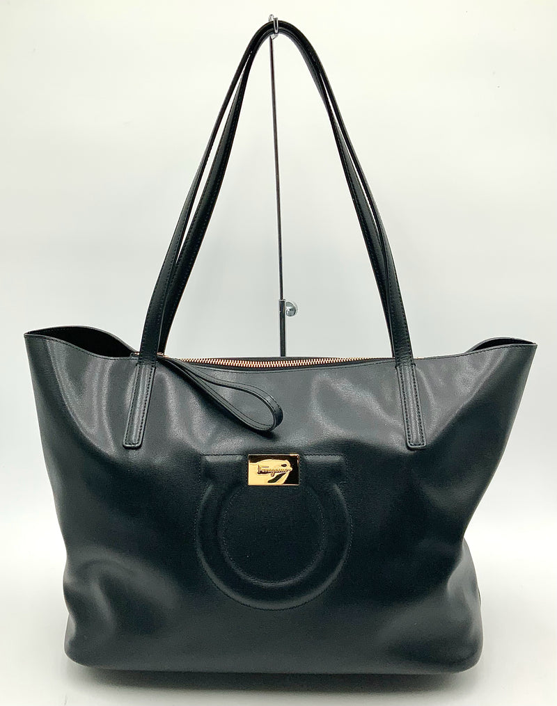 FERRAGAMO Black Leather  Embossed Gancio City Tote