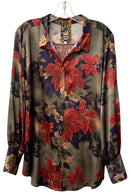 JOHNNY WAS Taupe Purple Red Silk Claret Yrene Cuffed Slv B/D Top