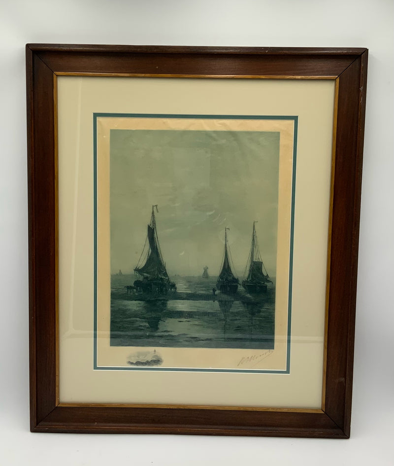 R. Minot Antique Etching of Ships in Wood Frame