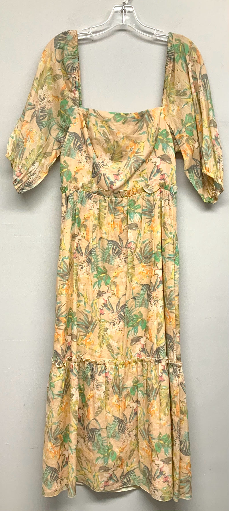 LAVENDER BROWN Peach Green Multi Tropical Floral Puff Slv Dress