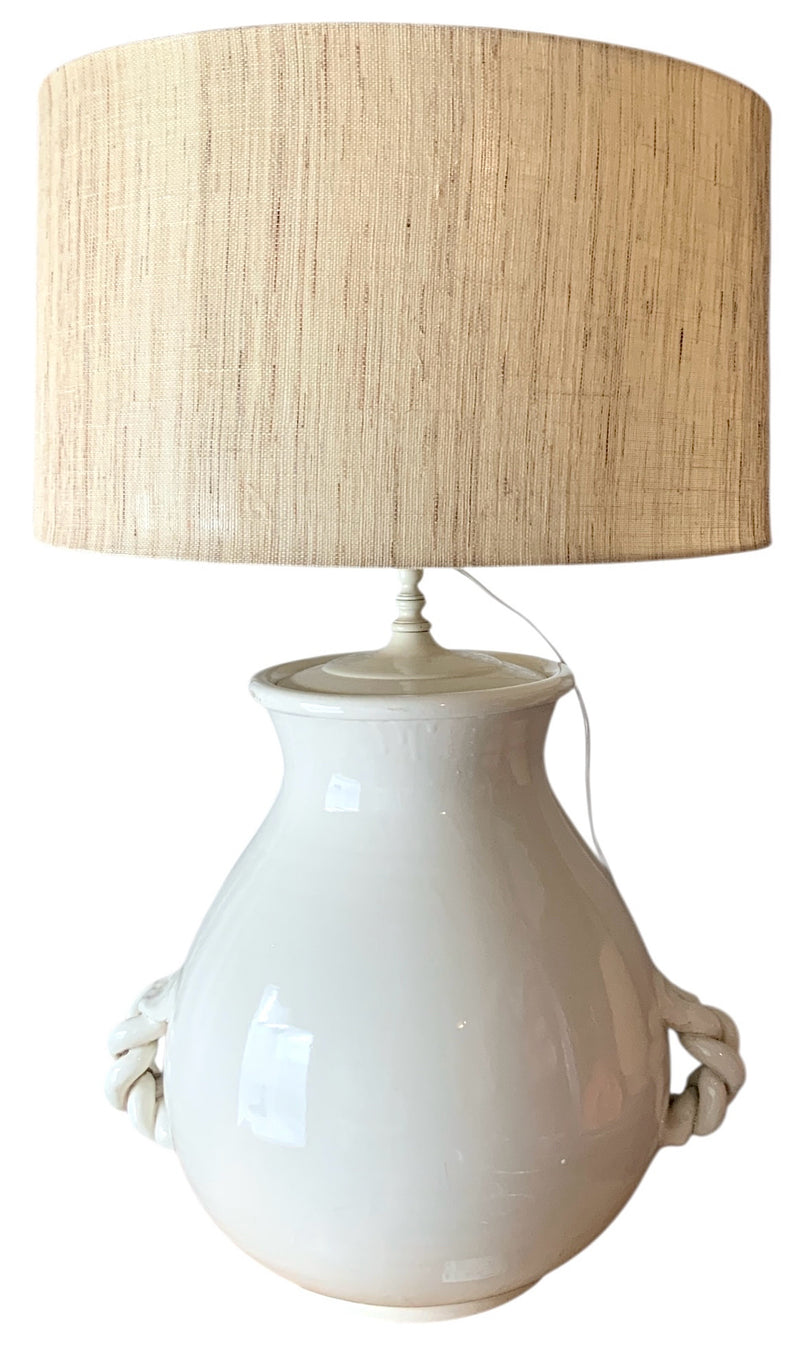 Jumbo White Pottery Lamp With Seagrass Drum Shade