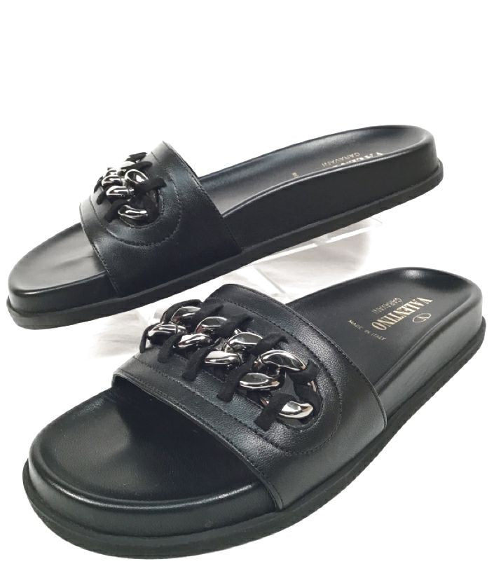 VALENTINO Black Leather Suede Chain Inset Slides 38