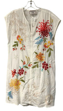 JOHNNY WAS White w/Multi Floral Embroid Cap Sleeve V-Neck "Playa" Dress w/Slip