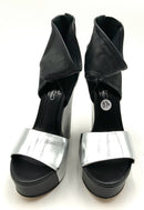 ALEJANDRO INGELMO Black Silver Leather Patent Leather Luna Wedge Sandals 39
